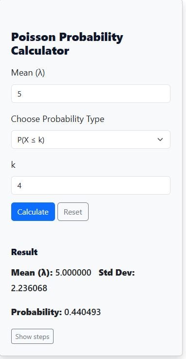 Cumulative Poisson probability calculator solution 2