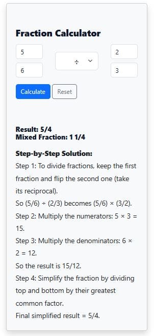 Dividing fractions calculator solution