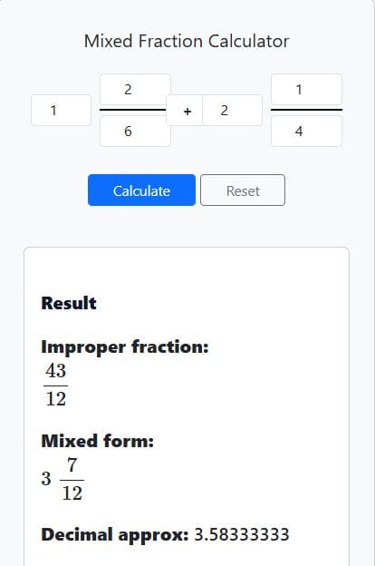 Mixed fraction calculator addition results