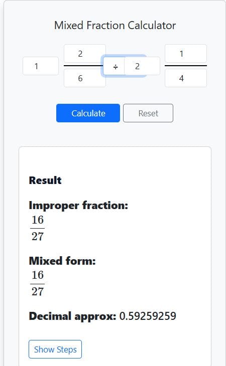 Mixed fraction division calculator results