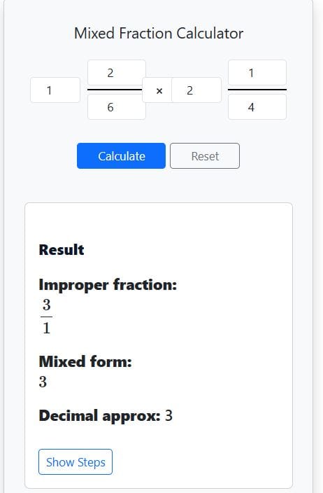 Mixed fraction multiplication calculator results