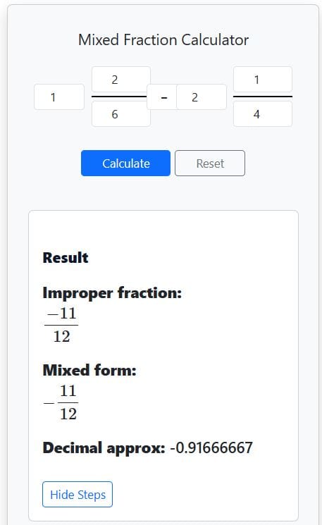 Mixed fraction subtraction calculator results