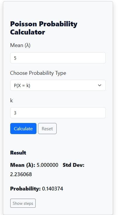 Poisson probability calculator example 1 solution