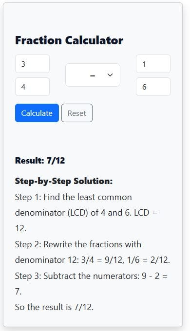 Subtracting Fractions calculator solution