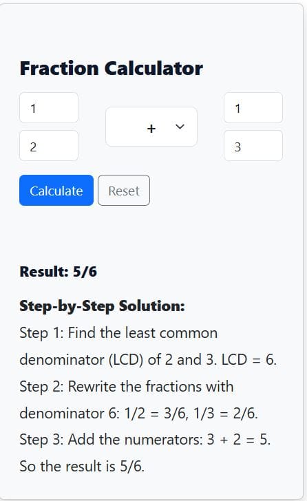 adding fractions calculator solution