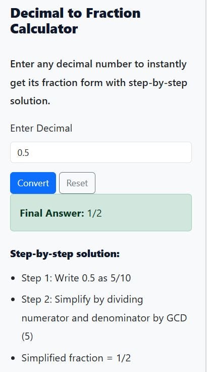decimal to fraction calculator solution 1
