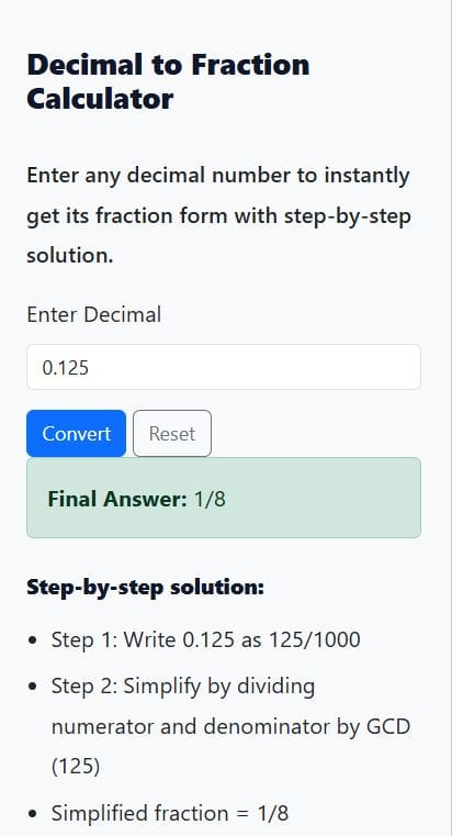 decimal to fraction calculator solution 2
