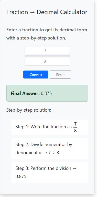 fraction to decimal calculator example solution