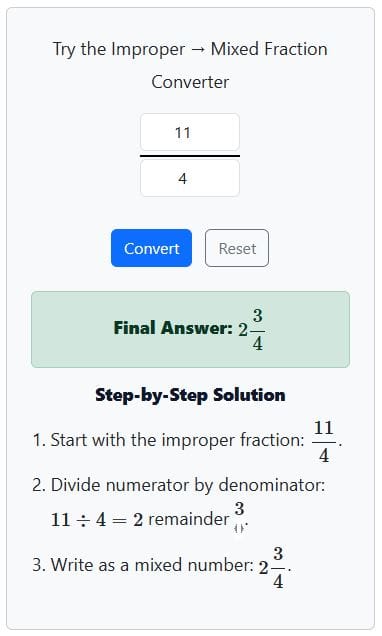 improper fraction to mixed number - example 1