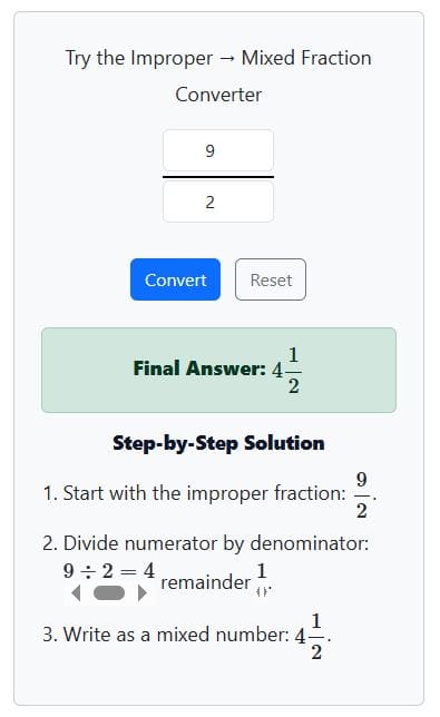 improper fraction to mixed number - example 2-calculator solution