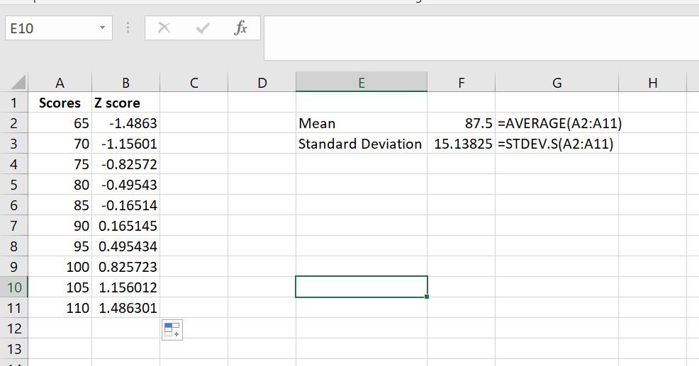 Find the z score of the other values by copying excel formula