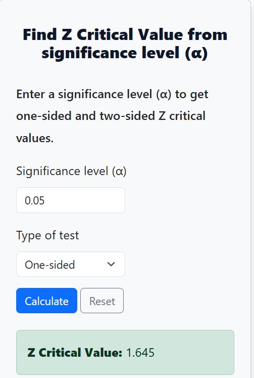 One-sided z critical value example -Calculator Solution