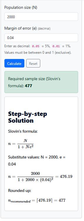 Slovin's formula calculator example solution