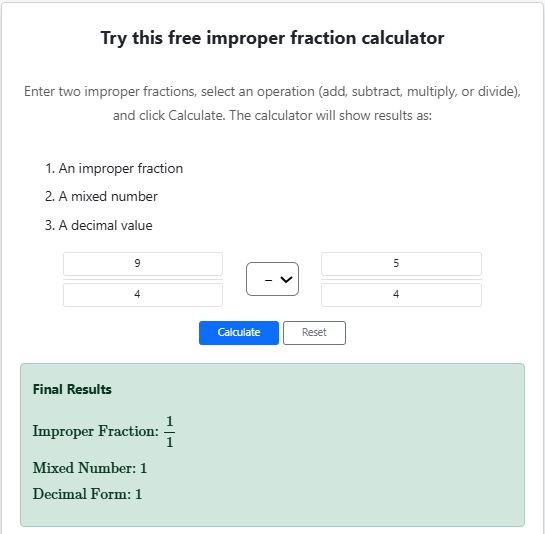 Subtracting improper fractions -solved example