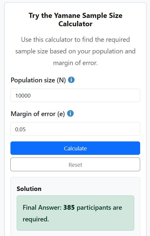 Yamane sample size calculation - calculator solution