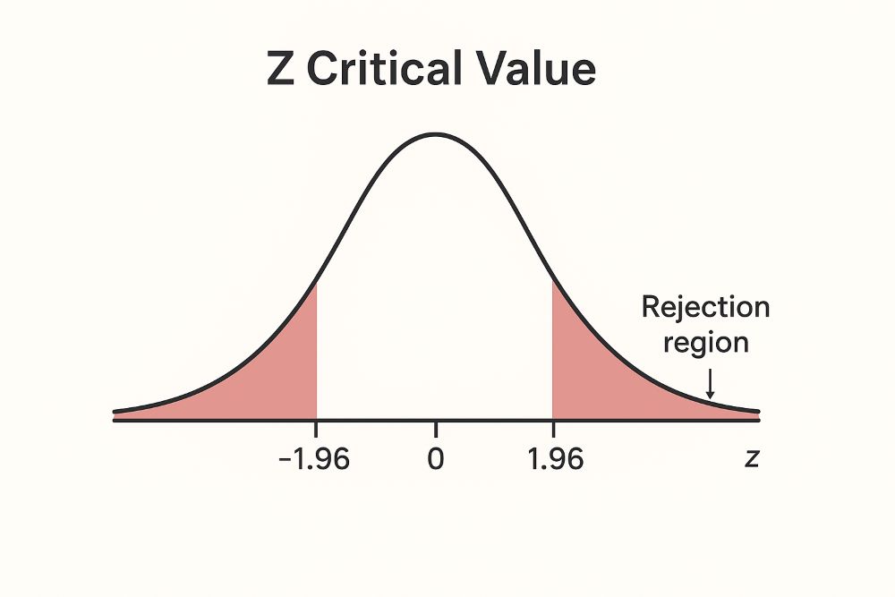 Standard normal distribution curve with shaded rejection regions at ±1.96 for a two-tailed test.