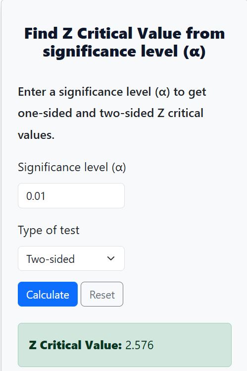 two-sided z critical value example - Calculator solution