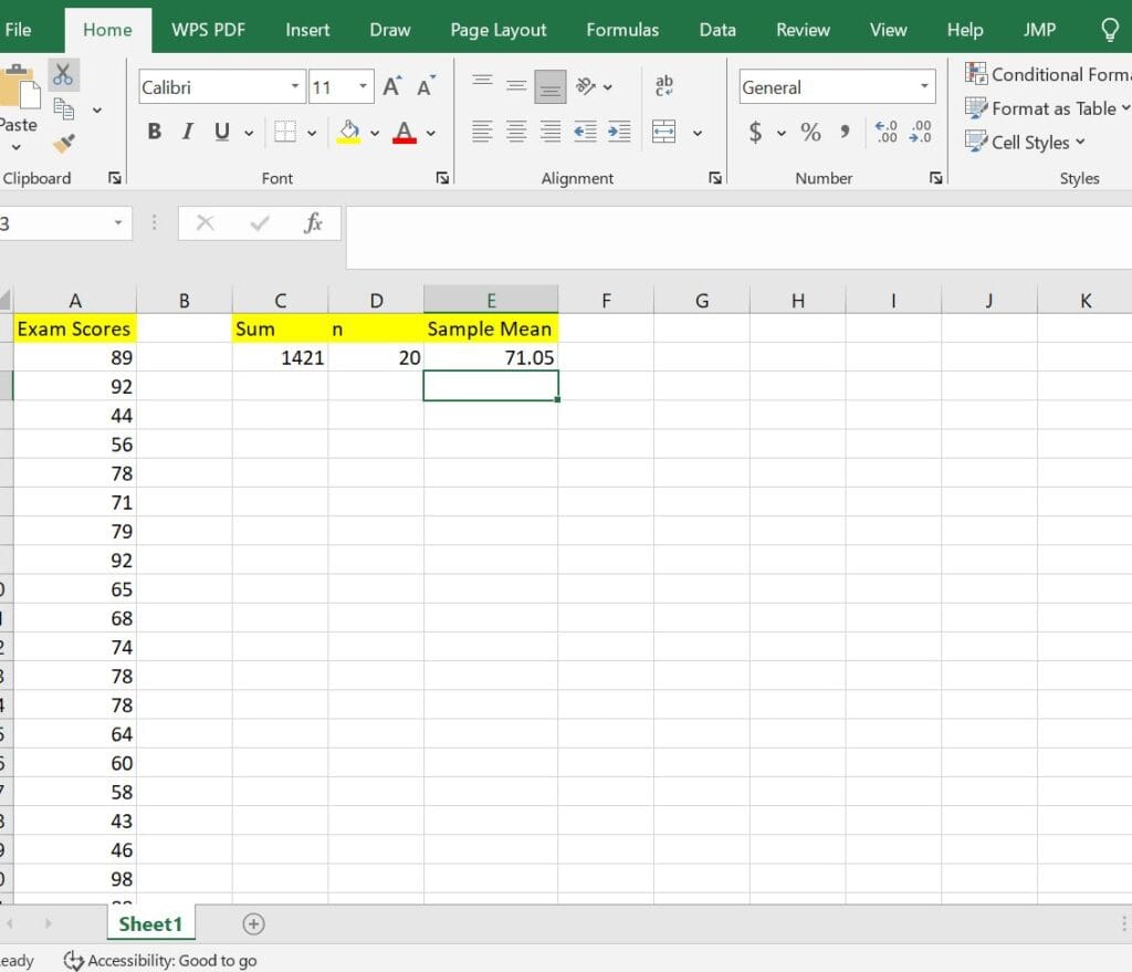 Sample mean in excel -divide sum of all values by sample size