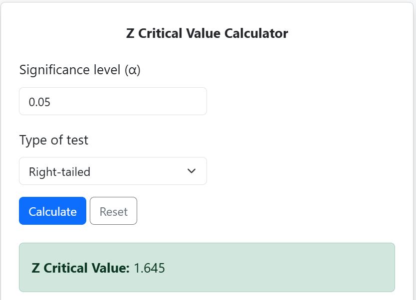 right-tailed z critical value at 0.05 using the calculator