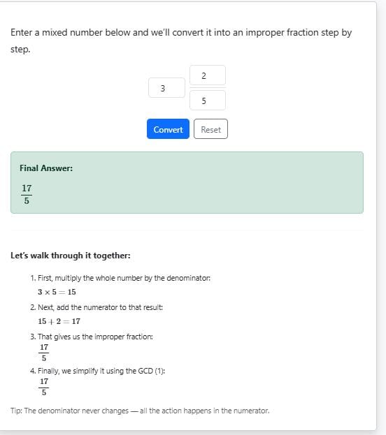 Example 1- mixed number to improper fraction using the calculator