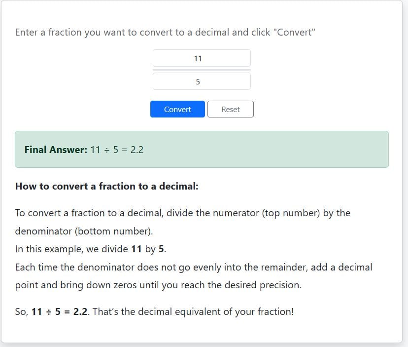 Example 2- Mixed fraction to decimal using the calculator solution