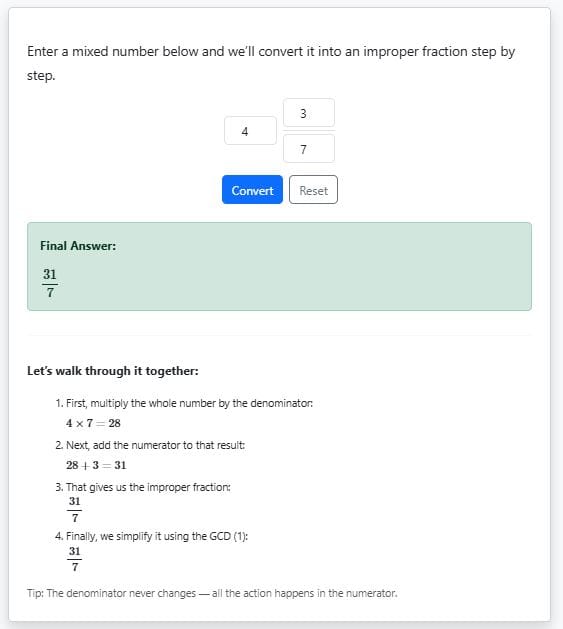 example 2- mixed number to improper fraction using the calculator