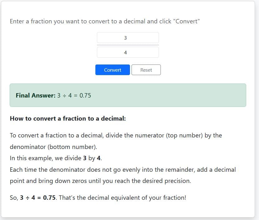 fraction to decimal example 1 calculator solution