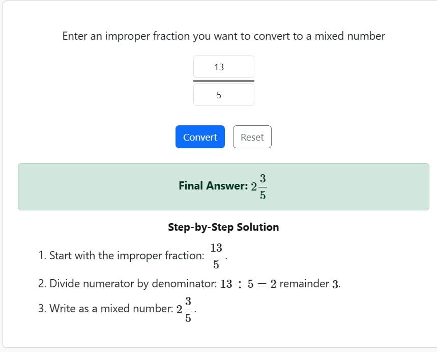 improper fraction to mixed number example -calculator solution