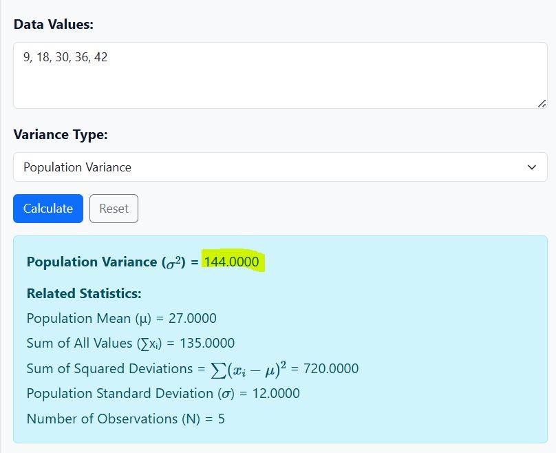 Population variance example using the calculator