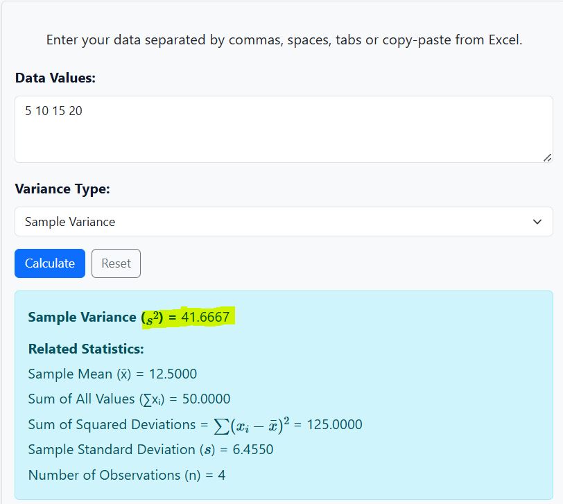 Sample variance example using the calculator