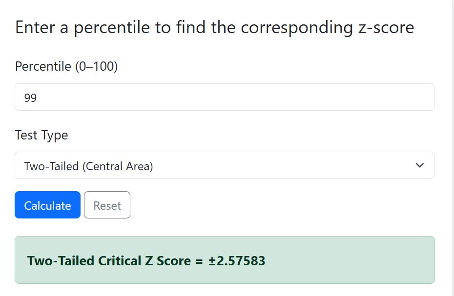 confidence level to z using the percentile to z calculator example