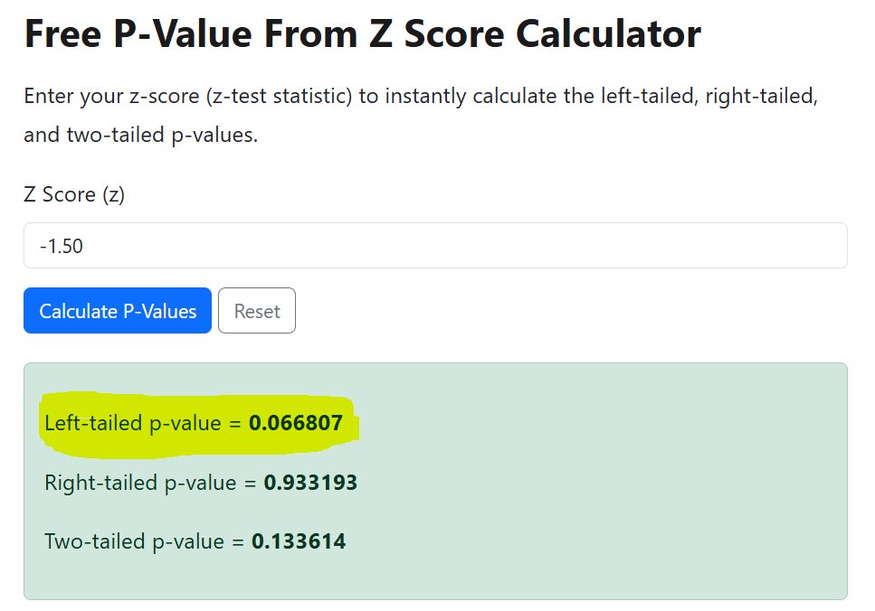 left-tailed p-value from z using the calculator-example