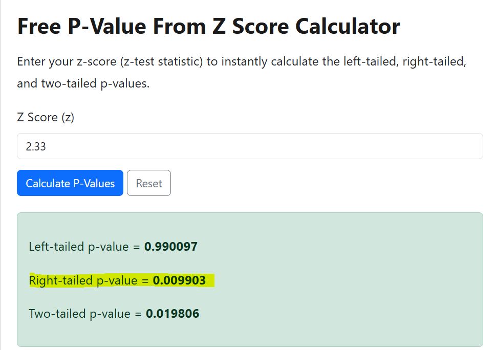 right-tailed p-value for z test using the calculator-example