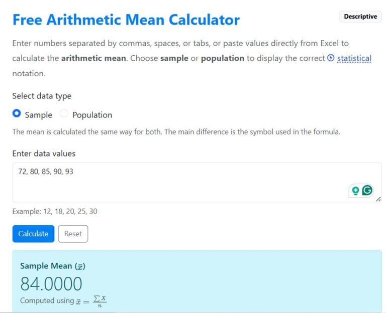 Calculating Me An Example Arithmetic Mean Calculator (Average) with Steps
