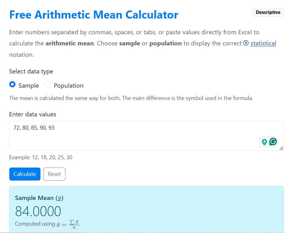 Arithmetic mean example solution using the calculator