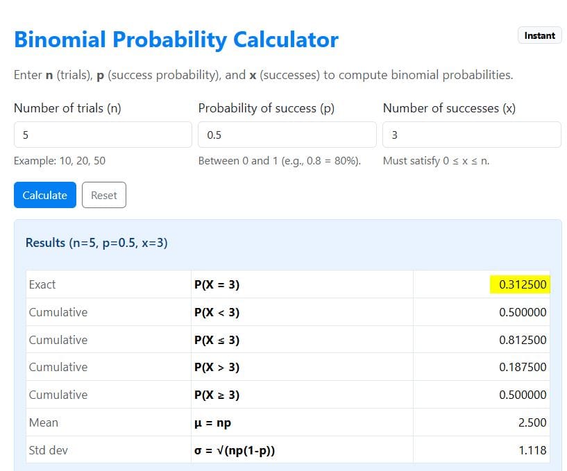 Example 1-Find exact binomial probability P(X=x) using the calculator