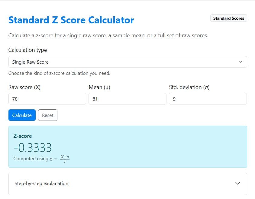 Example 1- z-score from raw score solution