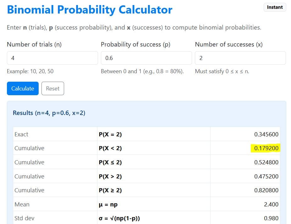 Example 2-cumulative binomial probability, P(X<x) using the calculator