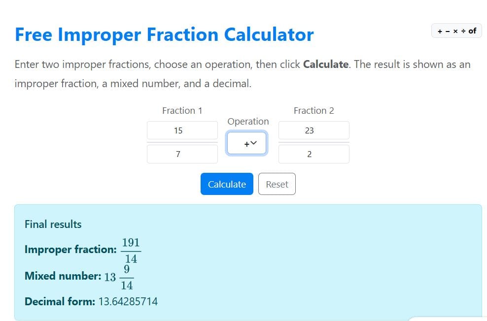 adding improper fractions example solution using the calculator