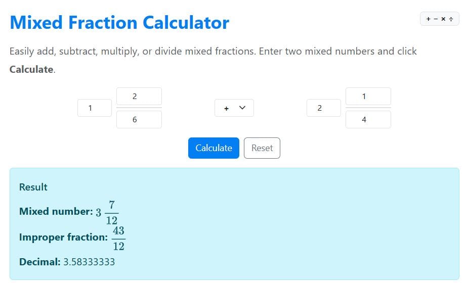 adding mixed fractions example using the calculator