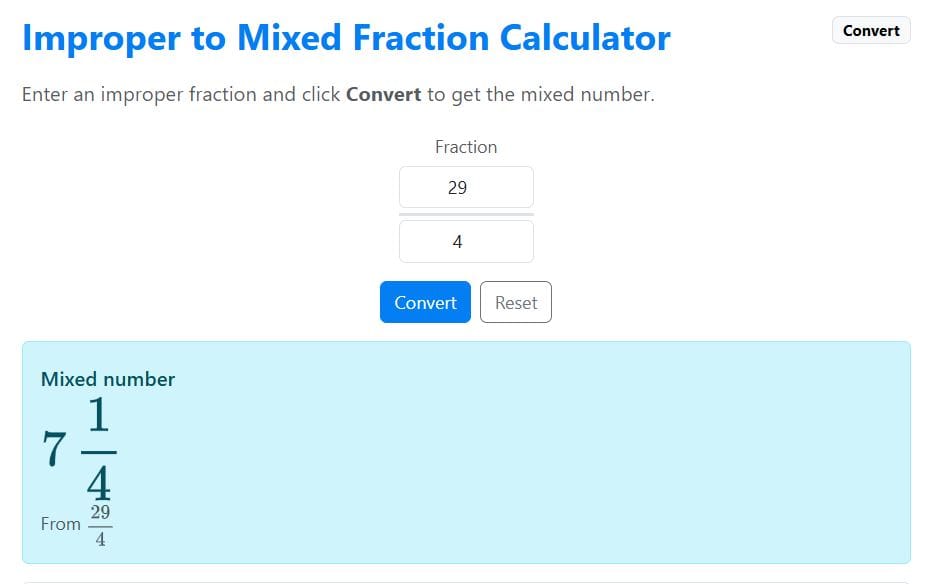 converting improper fraction to a mixed number example solution using the calculator
