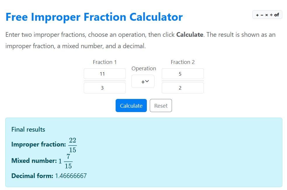 dividing improper fractions example solution using the calculator