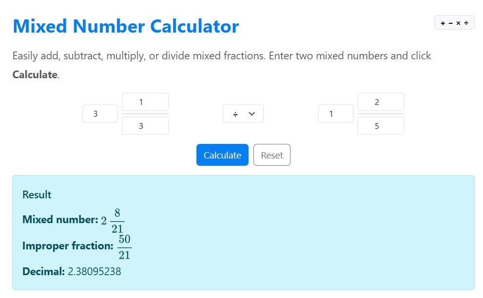 dividing mixed fractions example solution using the calculator