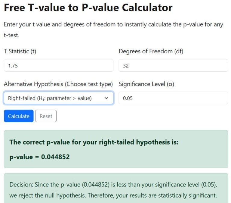 P value From T Calculator with steps