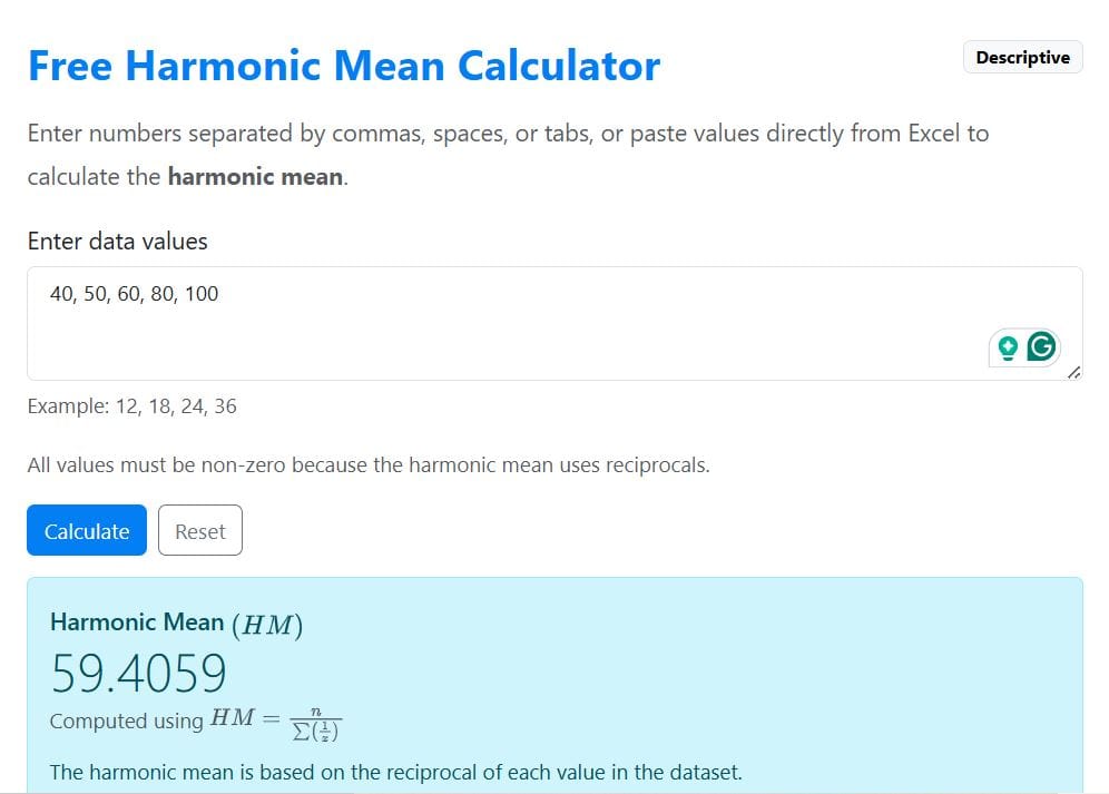 harmonic mean example solution using the calculator