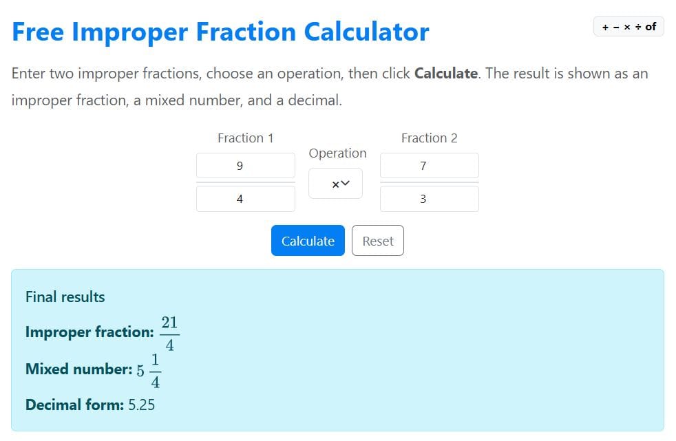 multiplying improper fractions example solution using the calculator