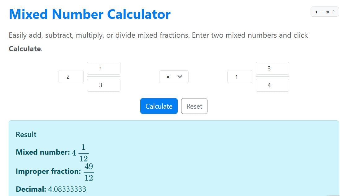multiplying mixed numbers example solution using the calculator