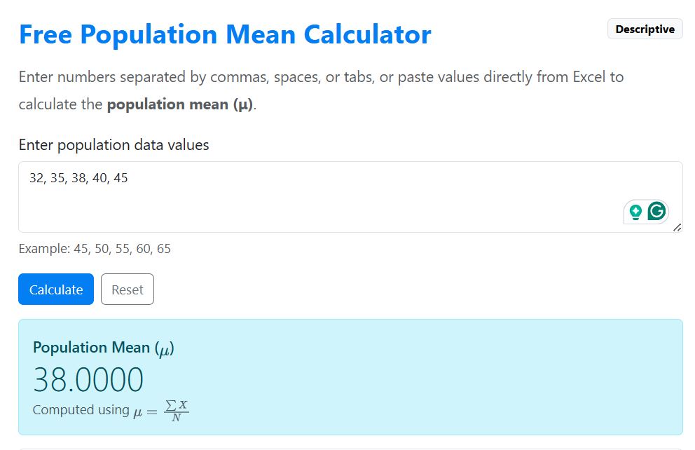 population mean example using the calculator