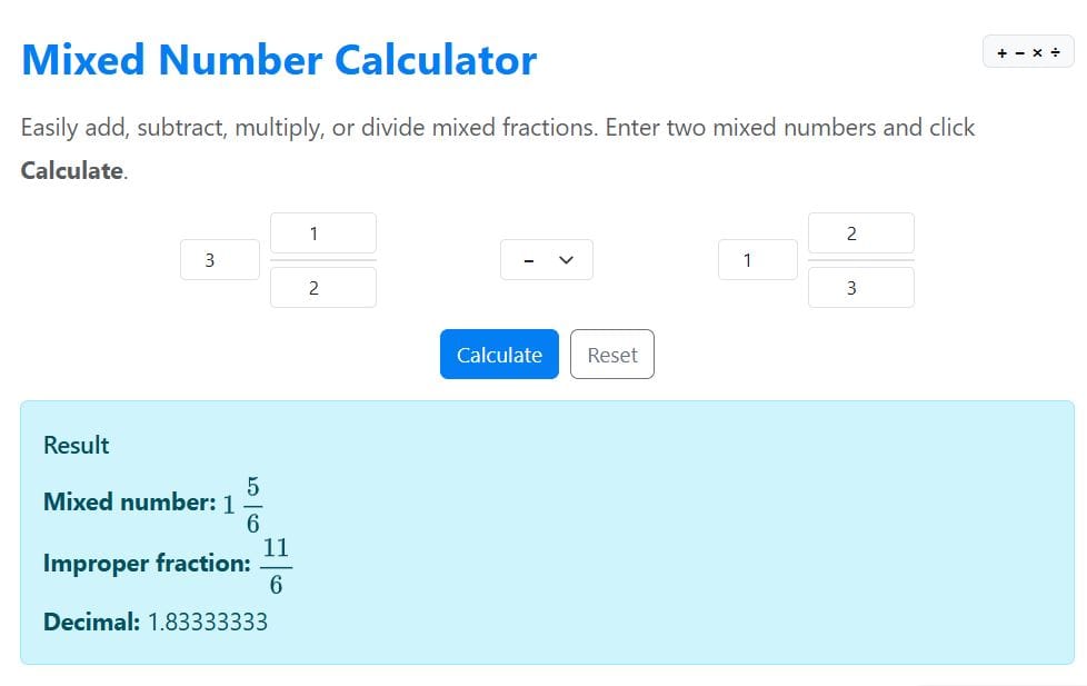 subtracting mixed fractions example solution using the calculator