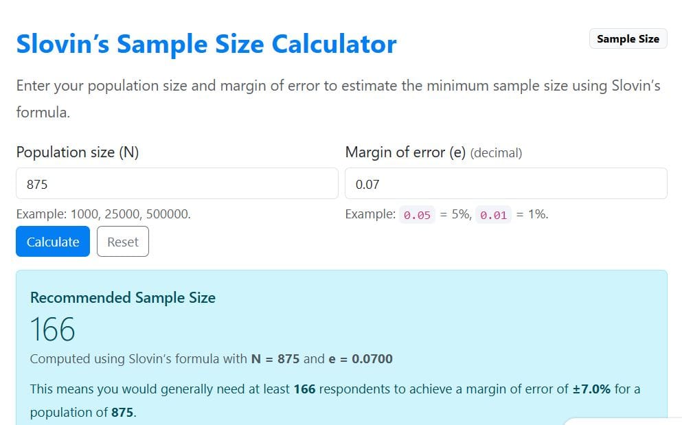 calculating sample size using slovin formula calculator - an example